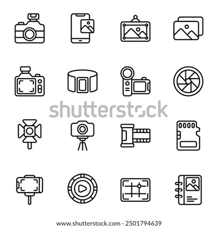 Photo Album icon set. Includes album, autofocus, camera, film, lens, memory, tripod camera, and More. Outline icons vector collection.