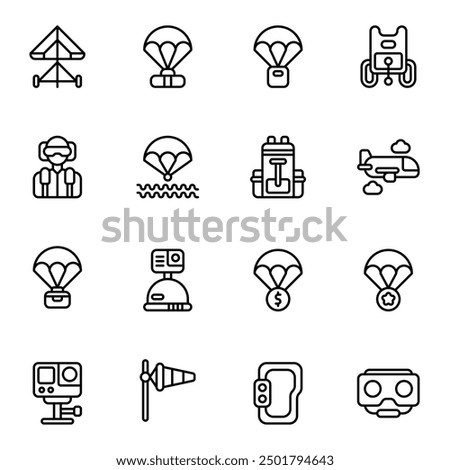 Parachuting icon set. Includes airplane, army, glasses, gliding, paraglider, and More. Outline icons vector collection.