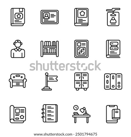 Library icon set. Includes archive, book, database, new paper, sofa, notebook, and More. Outline icons vector collection.