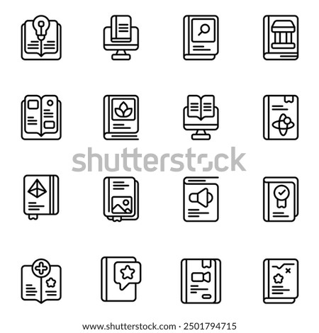 Guide Book icon set. Includes best seller, creative, history book, music, math book, and More. Outline icons vector collection.