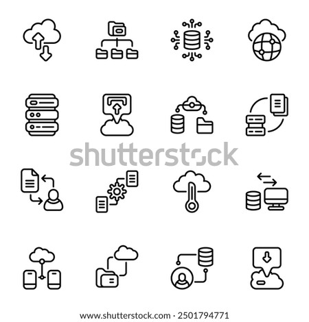 Data Exchange icon set. Includes cloud data, connection, data transfer, information, server, storage, transfer file, and More. Outline icons vector collection