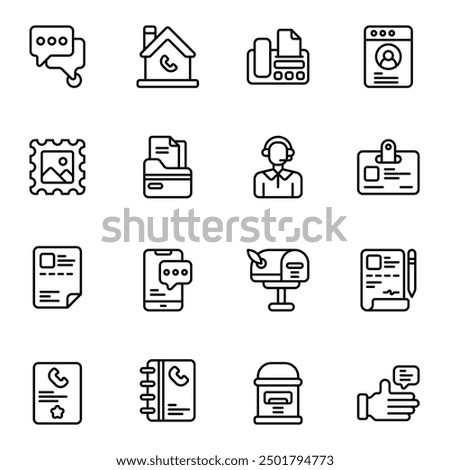 Contact icon set. Includes chat, contract, feedback, profile, thumbs up, mailbox, post, and More. Outline icons vector collection.