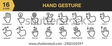 Hand Gesture icon set. Includes double tap, drag up, rotate, swipe up, tap, zoom in, and More. Outline icons vector collection.