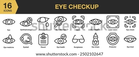 Eye Checkup icon set. Includes eye irritation, result, scan, sunglasses, eye tired, eye drops, and More. Outline icons vector collection.