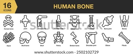 Human Bones icon set. Includes skull, broken bone, hand bone, spinal cord, elbow, and More. Outline icons vector collection.