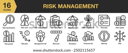 Risk Management icon set. Includes financial risk, data, risk level, plan, warning, and More. Outline icons vector collection.