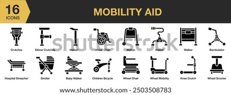 Mobility Aid Glyph icon set. Includes baby walker, bambulator, crutches, and More. Solid icons vector collection.