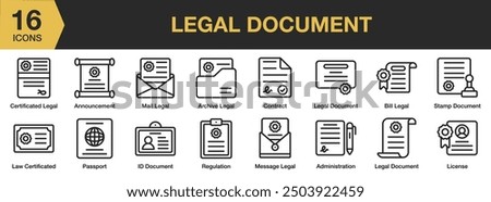 Legal Document icon set. Includes law certificate, license, mail, message, passport, regulation, and More. Outline icons vector collection.