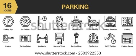 Parking icon set. Includes car barrier, machine ticket, parking basement, parking lot, parking ticket, and More. Outline icons vector collection.