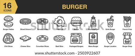 Burger icon set. Includes beef slice, cheese slice, fried egg, sauce burger, burger shop, and More. Outline icons vector collection.