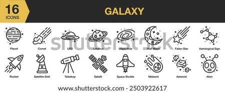 Galaxy icon set. Includes meteor, asteroid, satellite, alien, rocket, spaceship, and More. Outline icons vector collection.