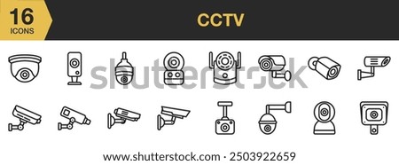 CCTV icon set. Includes security camera, dashboard camera, spy camera, webcam, wireless cctv, and More. Outline icons vector collection.