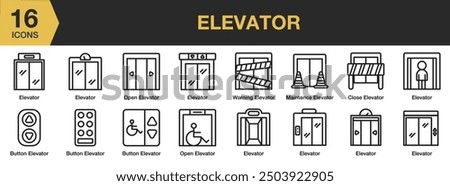 Elevator icon set. Includes elevator, button, maintenance, warning, and More. Outline icons vector collection.