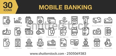 Mobile Banking icon sets. Includes invoice, histogram, calendar, setting, card payment, cheque, and More. Outline icons vector collection.