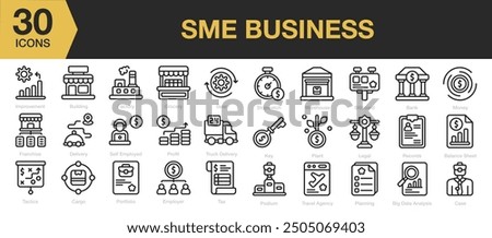 SME Business icon set. Includes building, portfolio, tax, delivery, case, billboard and More. Outline icons vector collection.