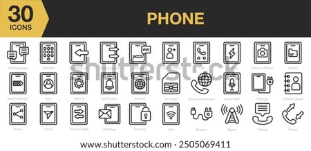 Phone icon set. Includes send, wifi, signal, folder, setting and More. Outline icons vector collection.