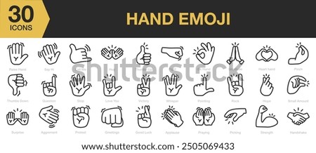 Hand emoji icon set. Includes stop, fight, praying, hope, hug and More. Outline icons vector collection.