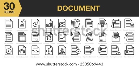 Document icon set. Includes profil, file, security, signature, analysis and More. Outline icons vector collection.