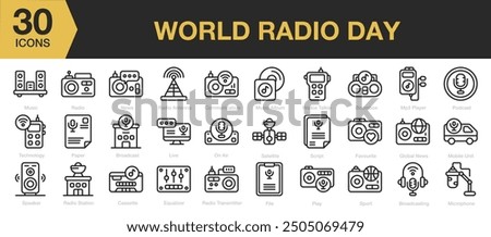 World radio day icon sets. Includes music, radio, news, radio antenna, music album, broadcast, radio transmitter, and More. Outline icons vector collection.