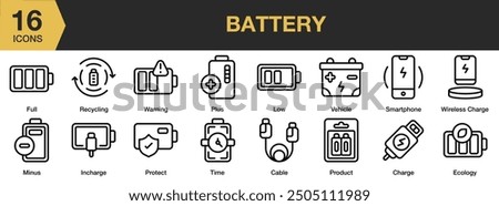 Battery icon set. Includes minus, plus, recycling, smartphone, vehicle, warning, wireless, and More. Outline icons vector collection.