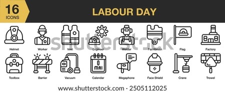 Labour Day icon set. Includes factory, flag, megaphone, paintbrush, toolbox, vest, and More. Outline icons vector collection.