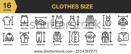 Clothes Size icon set. Includes shirt, shoes, skirt, suit, vest, waistcoat, and More. Outline icons vector collection.