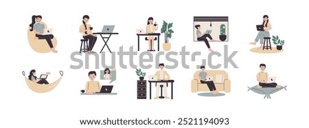 Work From Home Concept flat illustration set. Include of laptop, working, wireless, freelancer, home office, and more. Vector illustration isolated.