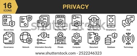 Privacy icon set. Includes database, folder, privacy, law, network, and More. Outline icons vector collection.