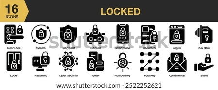 Locked solid icon set. Includes encrypted, folder, key hole, locks, login, and More. Solid icons vector collection.