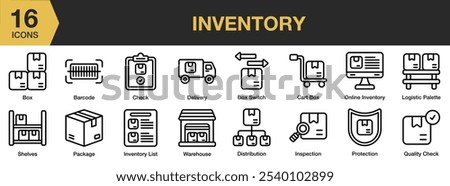 Inventory icon set. Includes barcode, box switch, cart, check, delivery, distribution, and More. Outline icons vector collection.