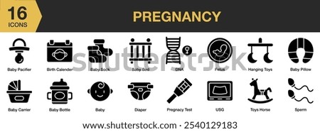 Pregnancy solid icon set. Includes usg, toys horse, sperm, hanging toys, fetus, diaper, and More. Solid icons vector collection.