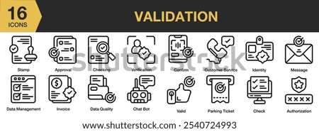 Validation icon set. Includes approval, authorization, chat bot, check, confirm, customer service, and More. Outline icons vector collection.