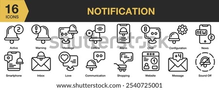 Notification icon set. Includes inbox, message, news, shopping, sound off, warning, and More. Outline icons vector collection.