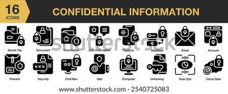 Confidential Information solid icon set. Includes account, chat box, cloud data, computer, database, document, and More. Solid icons vector collection.