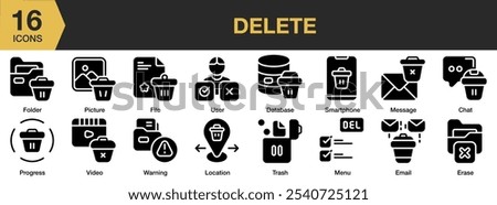 Delete solid icon set. Includes chat, database, email, erase, file, folder, location, and More. Solid icons vector collection.