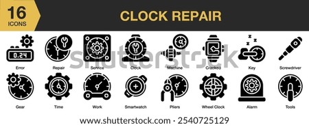 Clock Repair solid icon set. Includes alarm, clock, cracked, error, gear, key, and More. Solid icons vector collection.