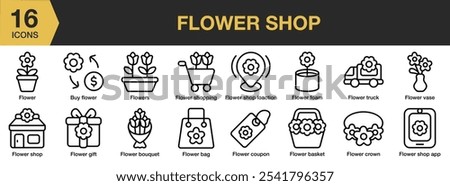 Flower Shop icon set. Includes buy flower, bag, bouquet, basket, coupon, crown, and More. Outline icons vector collection.