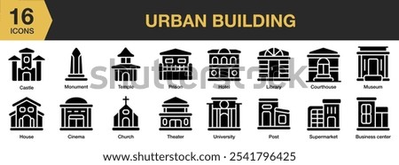 Urban Building solid icon set. Includes university, theater, temple, supermarket, prison, post, museum, and More. Solid icons vector collection.