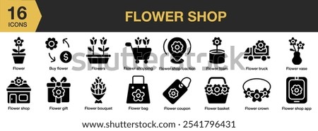 Flower Shop solid icon set. Includes buy flower, bag, bouquet, basket, coupon, crown, and More. Solid icons vector collection.