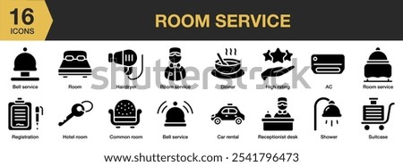 Room Service solid icon set. Includes ac, bell service, car rental, common, dinner, and More. Solid icons vector collection.