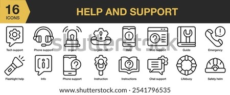 Help And Support icon set. Includes chat support, emergency, guide, help, info, life buoy, and More. Outline icons vector collection.