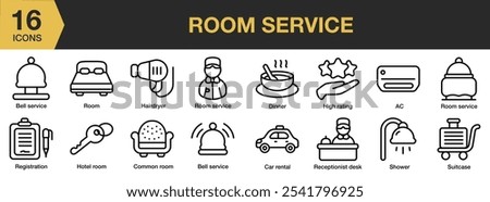 Room Service icon set. Includes ac, bell service, car rental, common, dinner, and More. Outline icons vector collection.