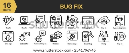 Bug Fix icon set. Includes bug fix, code editor, database, debugging, error, fixing, and More. Outline icons vector collection.