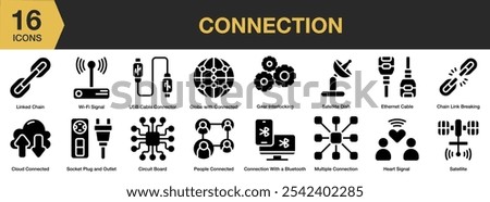 Connection solid icon set. Includes wifi signal, usb cable, socket plug, satellite, people connected, and More. Solid icons vector collection.