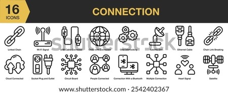 Connection icon set. Includes wifi signal, usb cable, socket plug, satellite, people connected, and More. Outline icons vector collection.