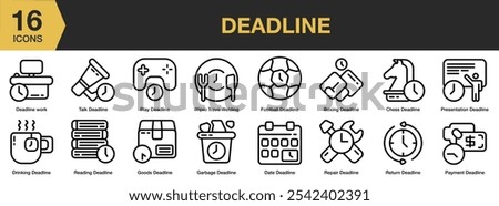 Deadline icon set. Includes football, garbage, goods, payment, play, presentation, reading, talk, and More. Outline icons vector collection.