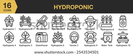 Hydroponic icon set. Includes farmer, greenhouse, hydroponic, nutrition, ph meter, water tank, and More. Outline icons vector collection.