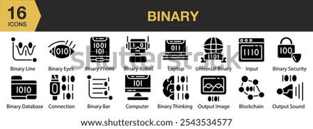 Binary icon set. Includes bar, database, eye, phone, robot, security, and More. Solid icons vector collection.