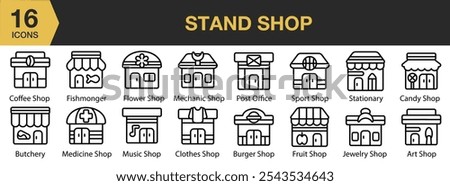 Stand Shop icon set. Includes shop, coffee, medicine, mechanic, sport, fruit, burger, and More. Outline icons vector collection.