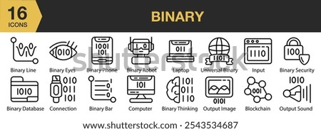 Binary icon set. Includes bar, database, eye, phone, robot, security, and More. Outline icons vector collection.